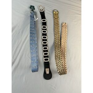 Womens Belt Lot 3 Rhinestone Stretch‎ Denim Grommet Gold Braided Boho